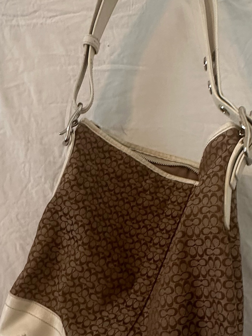 Coach Brown Signature Canvas Hobo with Cream Trim